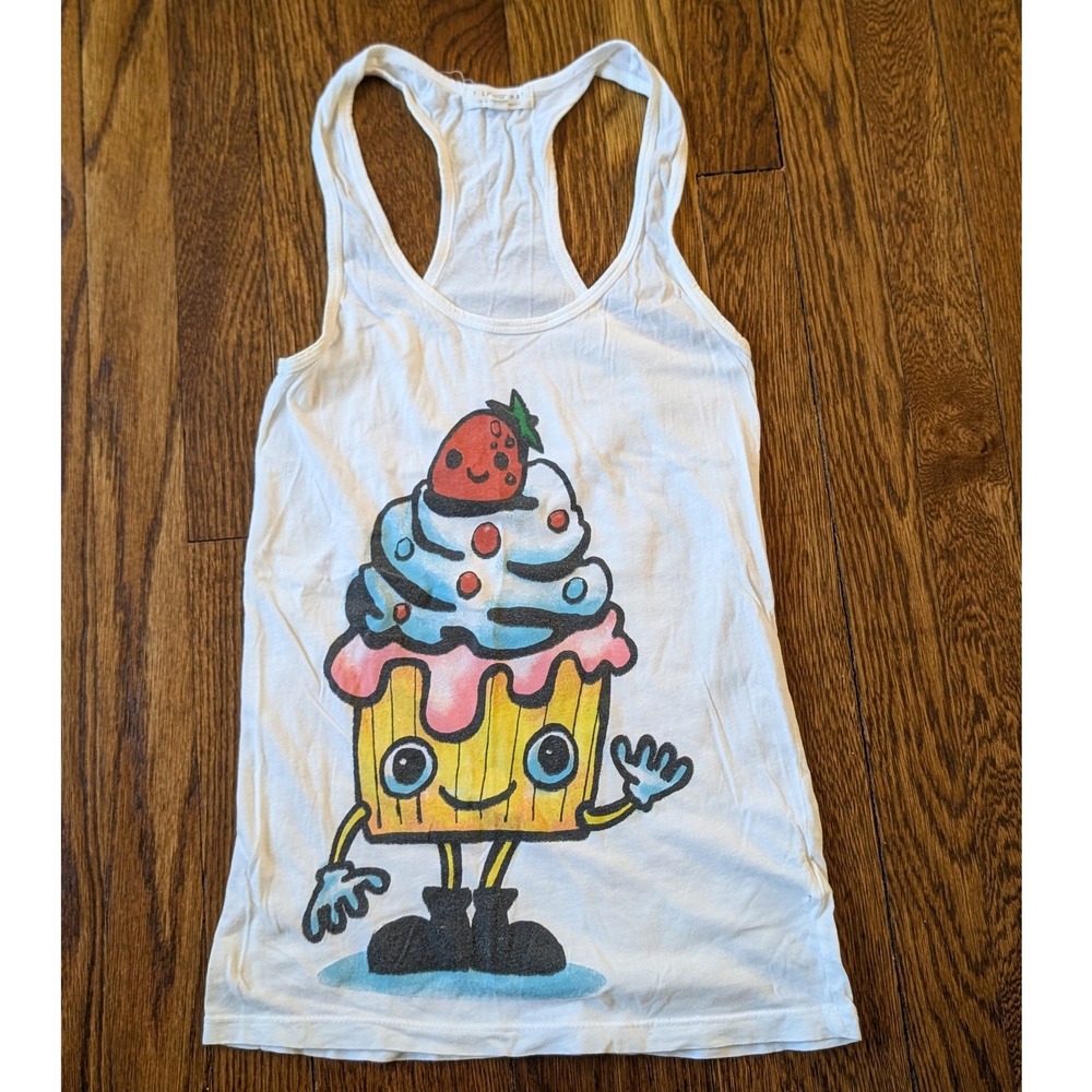 I Love H81 Forever 21 Cupcake Graphic Racerback Tank Top White Small Made in USA